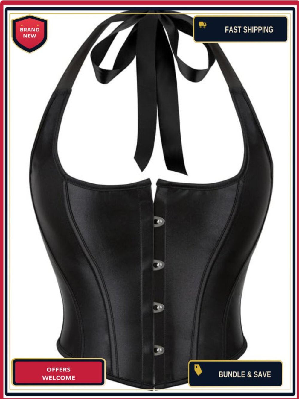 Satin Lace Overbust Corset Top Bustier Halter Neck Lace-Up
